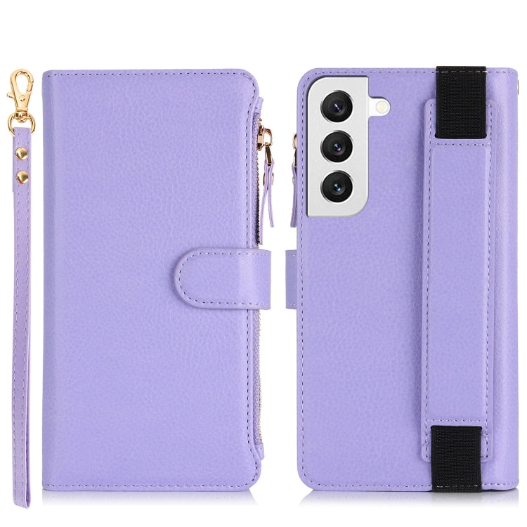 For Samsung Galaxy S21 FE 5G Wristband Holder Zipper Purse RFID Leather Phone Case