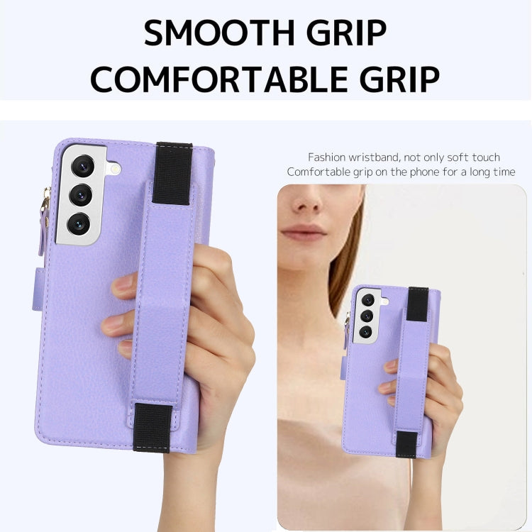 For Samsung Galaxy S21 FE 5G Wristband Holder Zipper Purse RFID Leather Phone Case