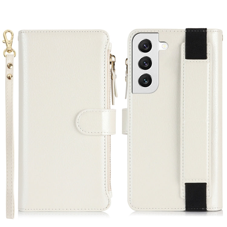For Samsung Galaxy S21 FE 5G Wristband Holder Zipper Purse RFID Leather Phone Case