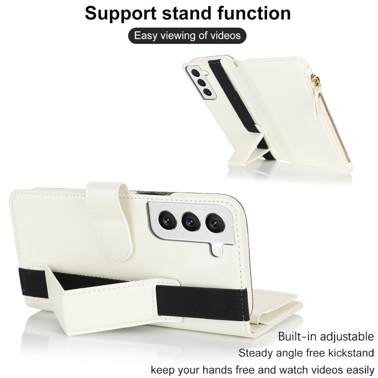For Samsung Galaxy S21 FE 5G Wristband Holder Zipper Purse RFID Leather Phone Case