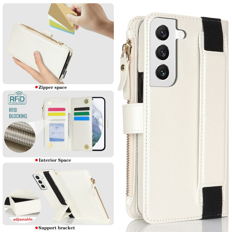 For Samsung Galaxy S21 FE 5G Wristband Holder Zipper Purse RFID Leather Phone Case