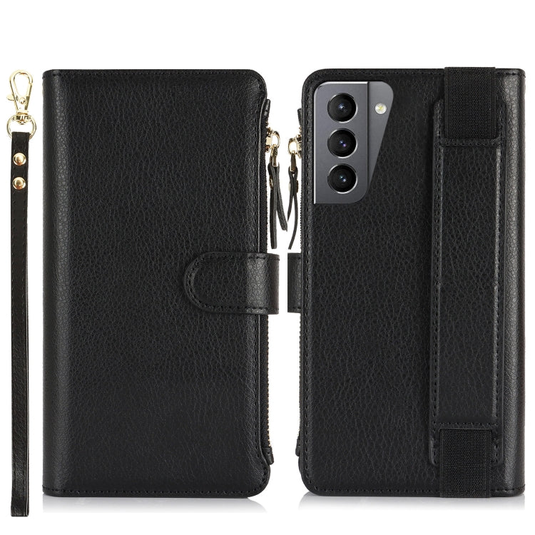 For Samsung Galaxy S21+ 5G Wristband Holder Zipper Purse RFID Leather Phone Case