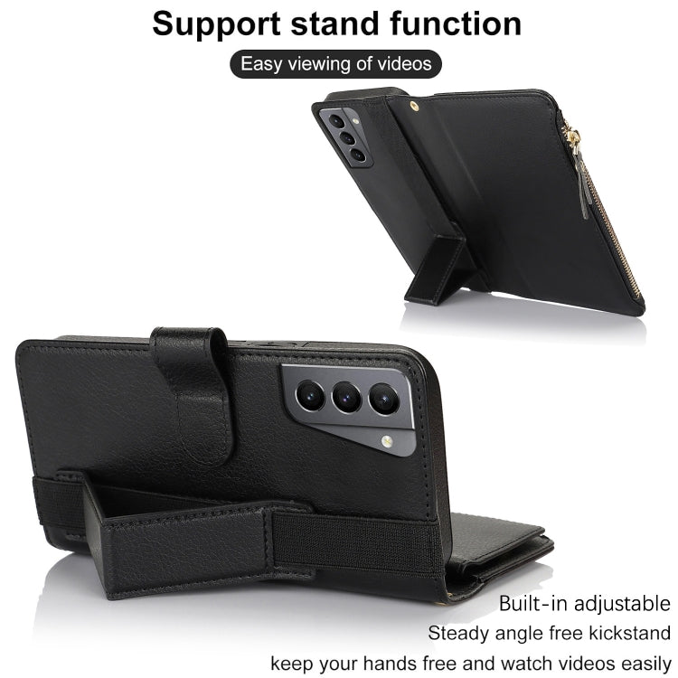 For Samsung Galaxy S21+ 5G Wristband Holder Zipper Purse RFID Leather Phone Case