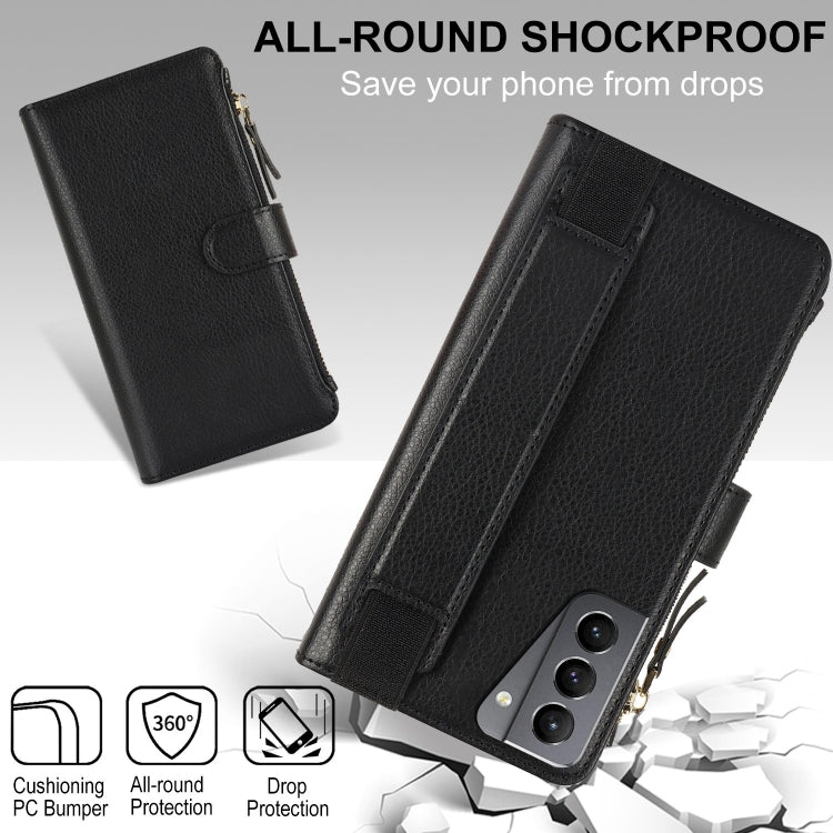 For Samsung Galaxy S21+ 5G Wristband Holder Zipper Purse RFID Leather Phone Case