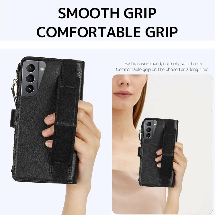 For Samsung Galaxy S21+ 5G Wristband Holder Zipper Purse RFID Leather Phone Case