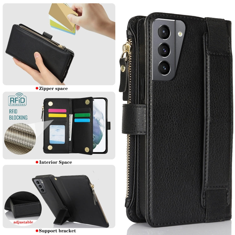 For Samsung Galaxy S21+ 5G Wristband Holder Zipper Purse RFID Leather Phone Case
