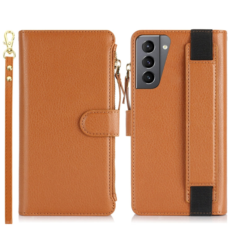 For Samsung Galaxy S21+ 5G Wristband Holder Zipper Purse RFID Leather Phone Case