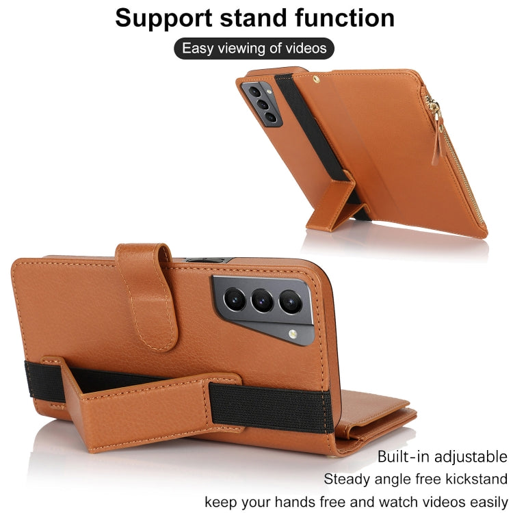 For Samsung Galaxy S21+ 5G Wristband Holder Zipper Purse RFID Leather Phone Case