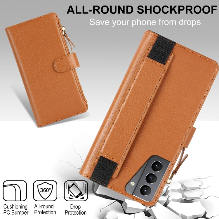 For Samsung Galaxy S21+ 5G Wristband Holder Zipper Purse RFID Leather Phone Case