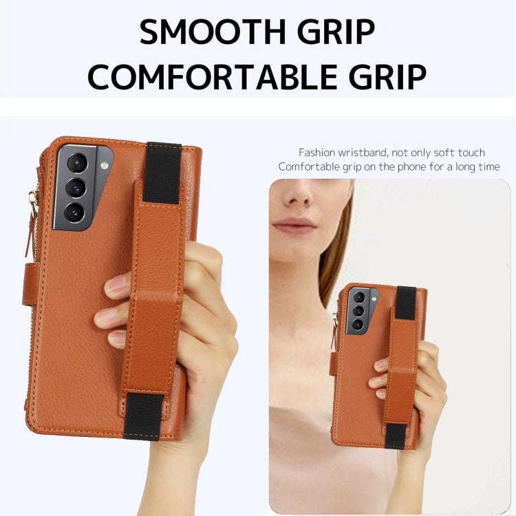 For Samsung Galaxy S21+ 5G Wristband Holder Zipper Purse RFID Leather Phone Case