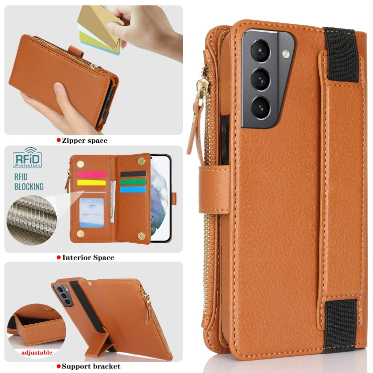 For Samsung Galaxy S21+ 5G Wristband Holder Zipper Purse RFID Leather Phone Case