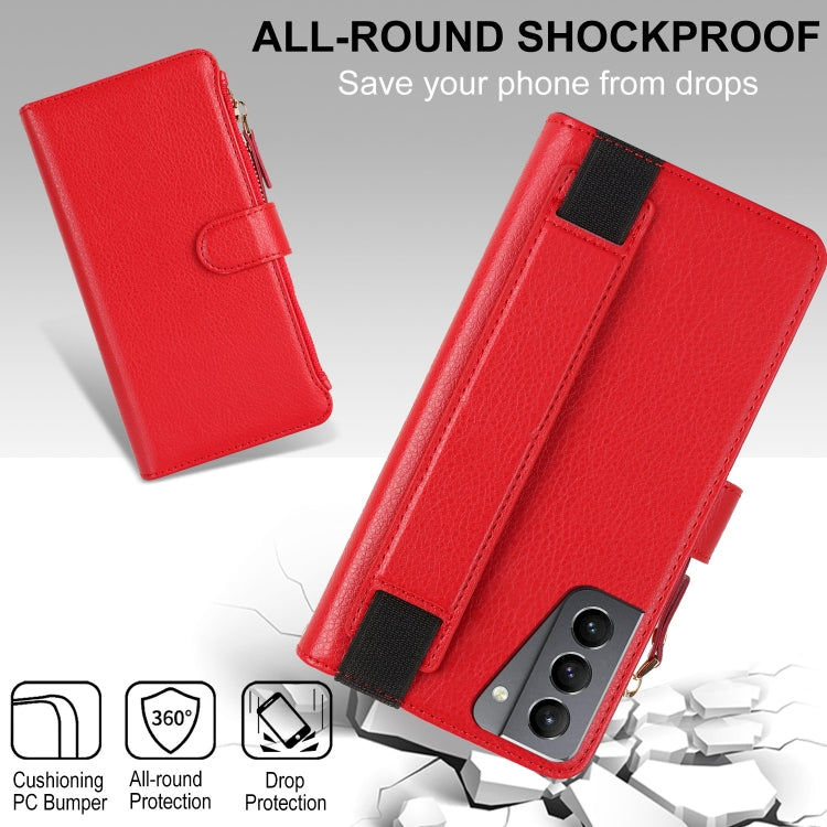 For Samsung Galaxy S21+ 5G Wristband Holder Zipper Purse RFID Leather Phone Case