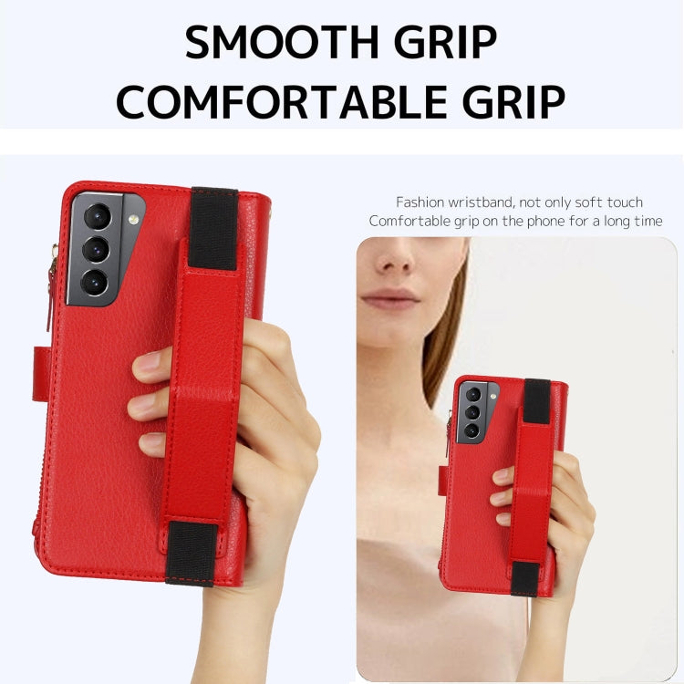 For Samsung Galaxy S21+ 5G Wristband Holder Zipper Purse RFID Leather Phone Case