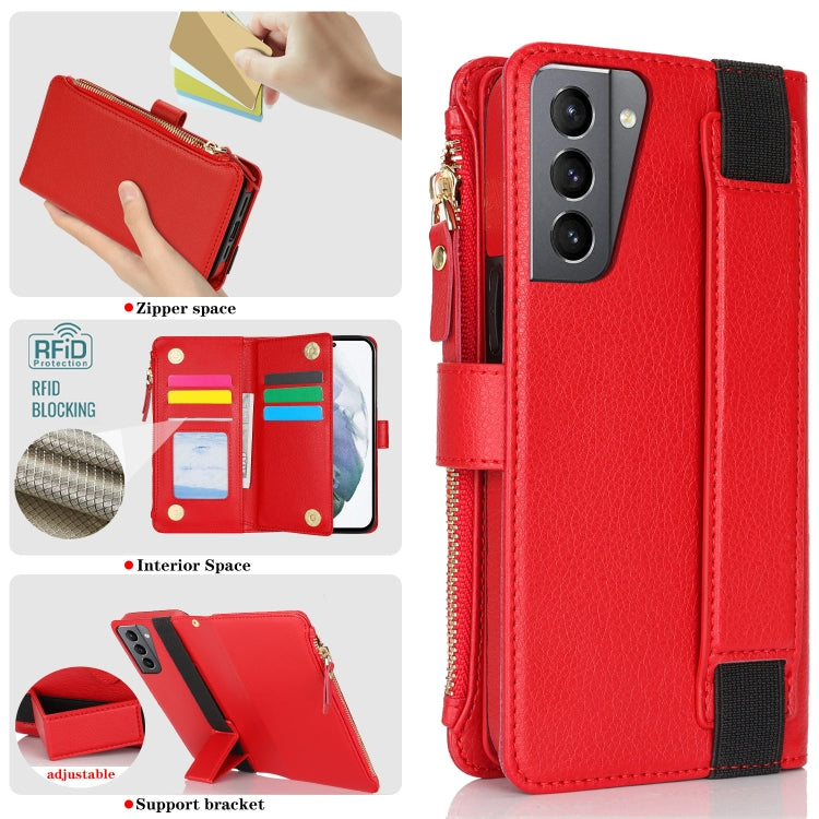 For Samsung Galaxy S21+ 5G Wristband Holder Zipper Purse RFID Leather Phone Case