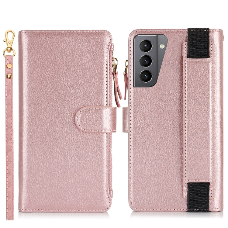 For Samsung Galaxy S21+ 5G Wristband Holder Zipper Purse RFID Leather Phone Case