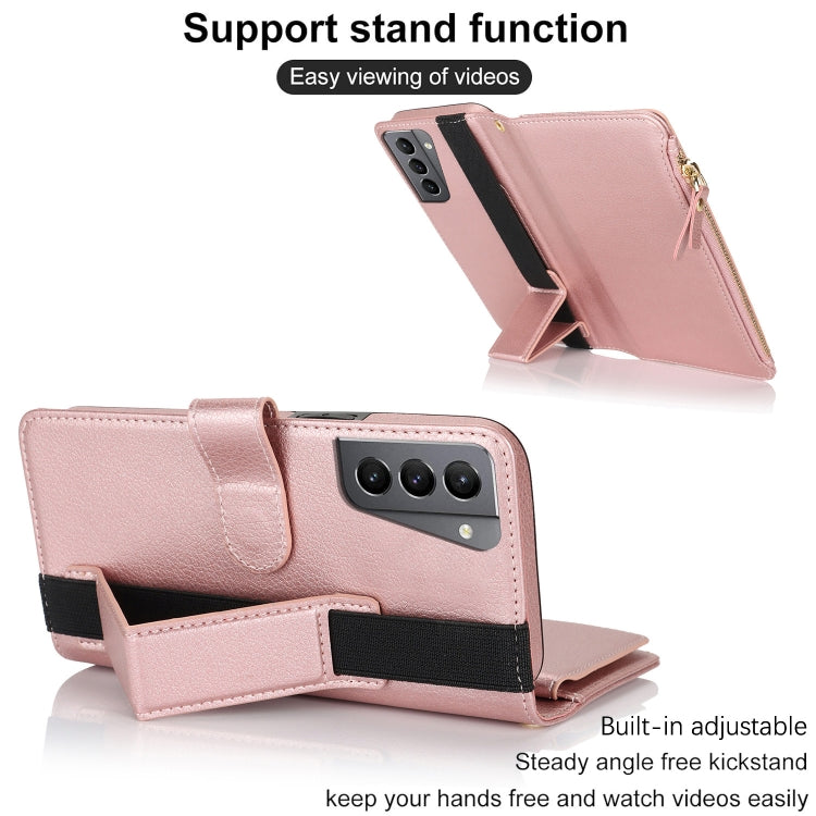 For Samsung Galaxy S21+ 5G Wristband Holder Zipper Purse RFID Leather Phone Case