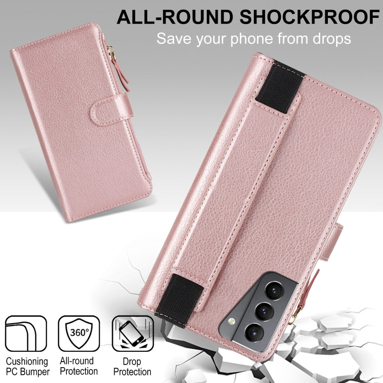 For Samsung Galaxy S21+ 5G Wristband Holder Zipper Purse RFID Leather Phone Case