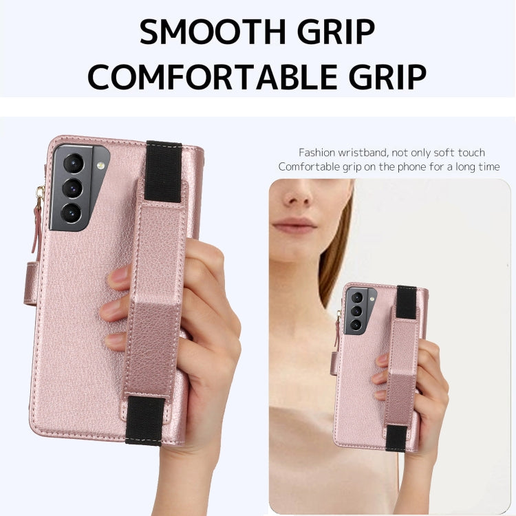 For Samsung Galaxy S21+ 5G Wristband Holder Zipper Purse RFID Leather Phone Case