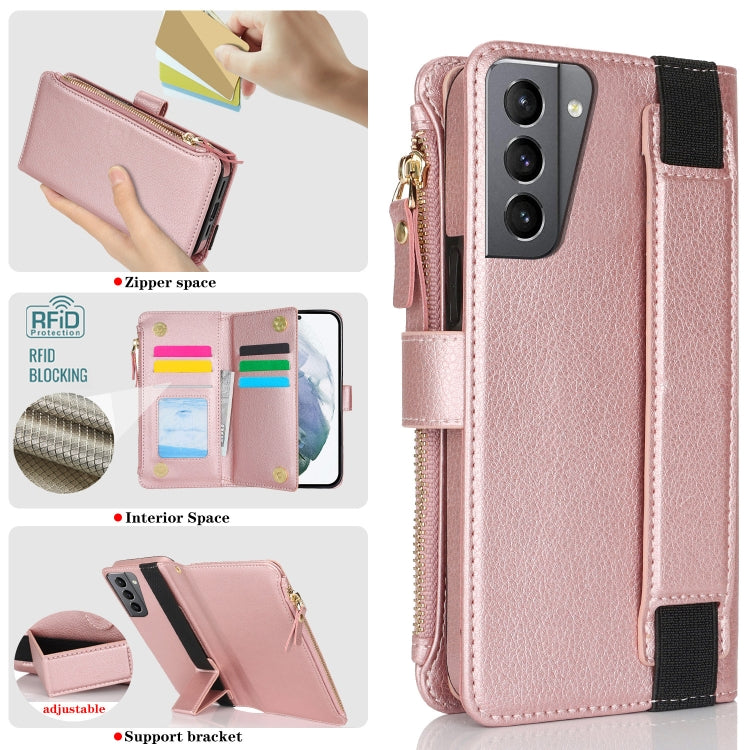 For Samsung Galaxy S21+ 5G Wristband Holder Zipper Purse RFID Leather Phone Case