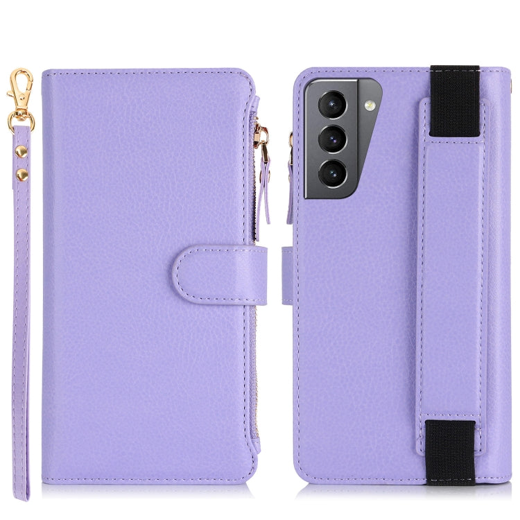 For Samsung Galaxy S21+ 5G Wristband Holder Zipper Purse RFID Leather Phone Case