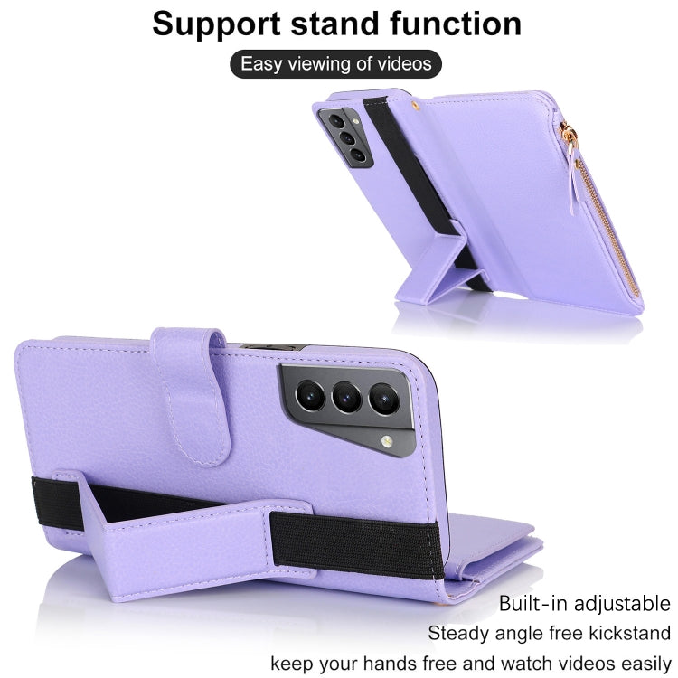 For Samsung Galaxy S21+ 5G Wristband Holder Zipper Purse RFID Leather Phone Case