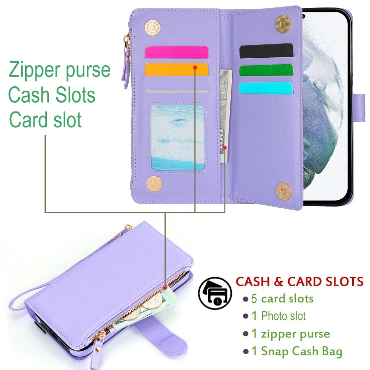 For Samsung Galaxy S21+ 5G Wristband Holder Zipper Purse RFID Leather Phone Case