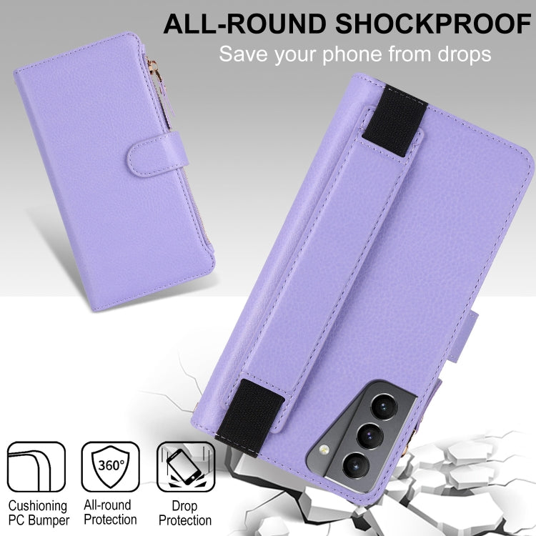 For Samsung Galaxy S21+ 5G Wristband Holder Zipper Purse RFID Leather Phone Case