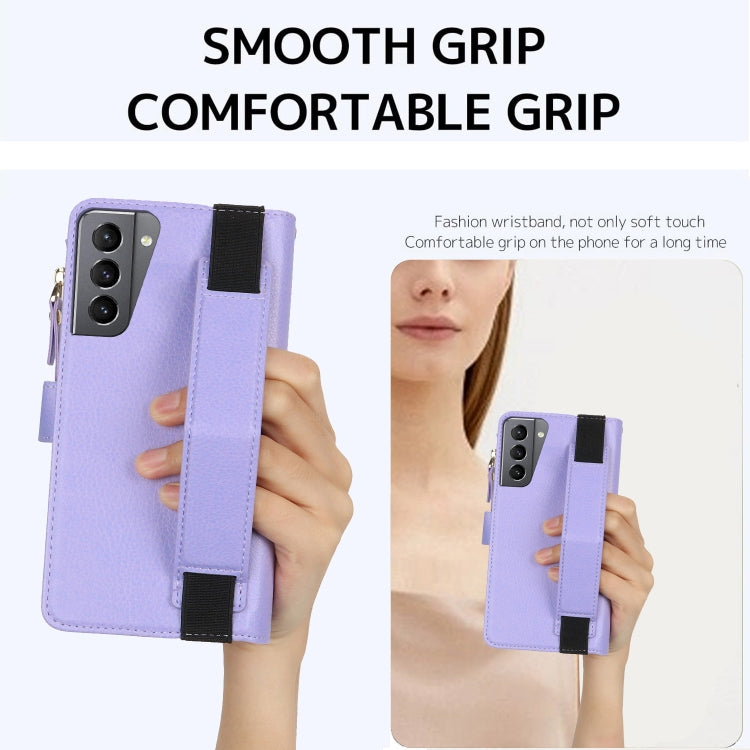 For Samsung Galaxy S21+ 5G Wristband Holder Zipper Purse RFID Leather Phone Case