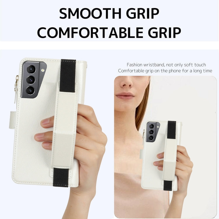 For Samsung Galaxy S21+ 5G Wristband Holder Zipper Purse RFID Leather Phone Case