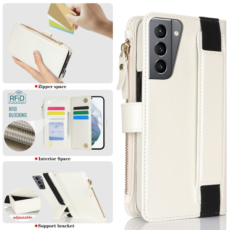For Samsung Galaxy S21+ 5G Wristband Holder Zipper Purse RFID Leather Phone Case