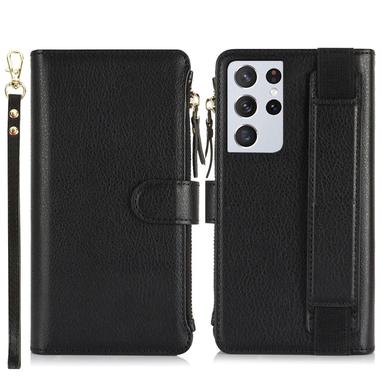 For Samsung Galaxy S21 Ultra 5G Wristband Holder Zipper Purse RFID Leather Phone Case