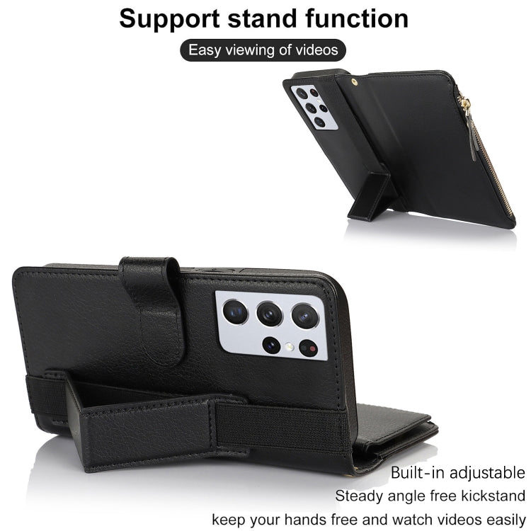 For Samsung Galaxy S21 Ultra 5G Wristband Holder Zipper Purse RFID Leather Phone Case