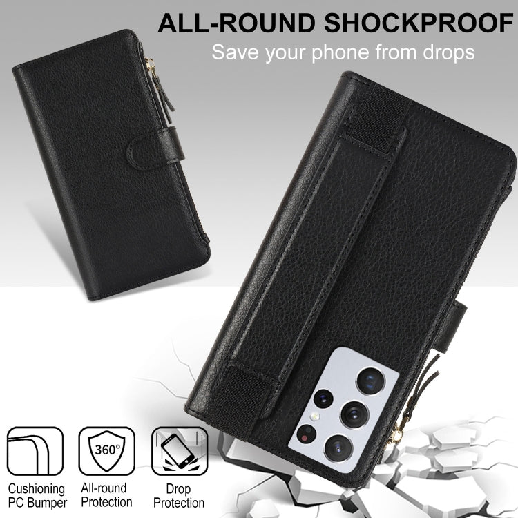 For Samsung Galaxy S21 Ultra 5G Wristband Holder Zipper Purse RFID Leather Phone Case