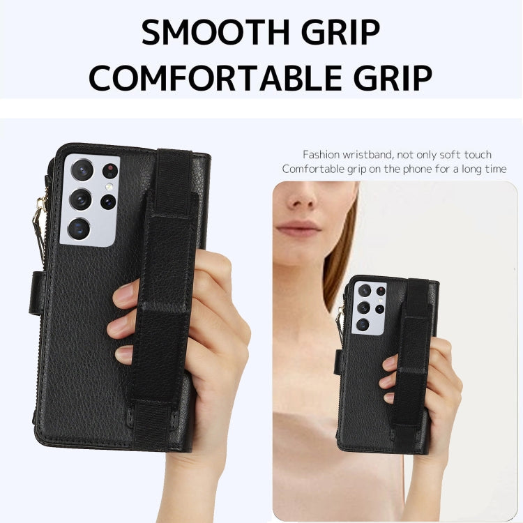 For Samsung Galaxy S21 Ultra 5G Wristband Holder Zipper Purse RFID Leather Phone Case