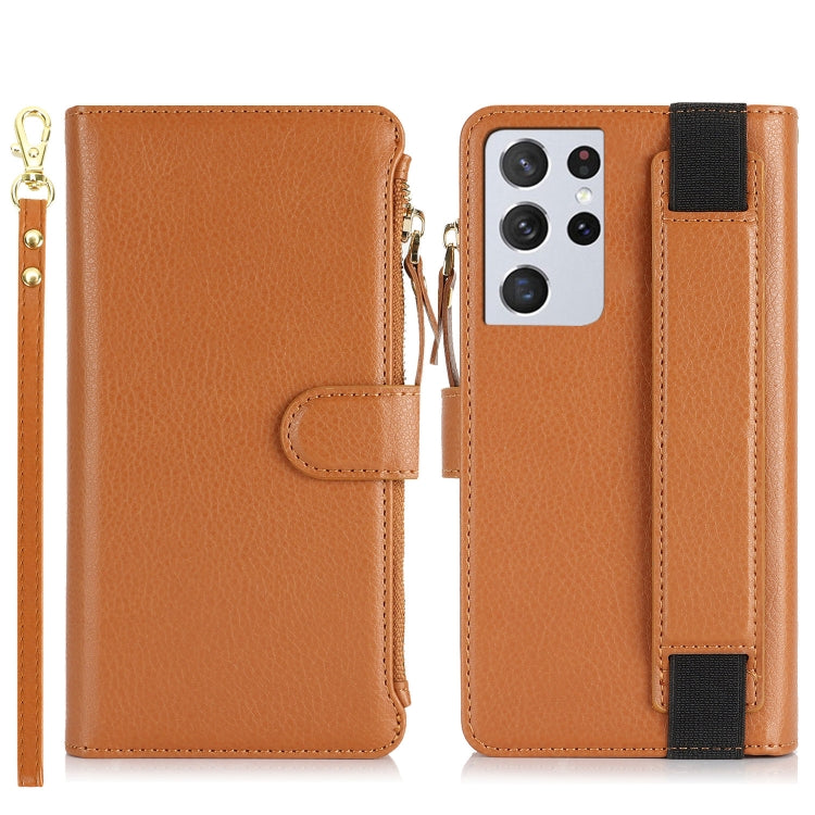 For Samsung Galaxy S21 Ultra 5G Wristband Holder Zipper Purse RFID Leather Phone Case