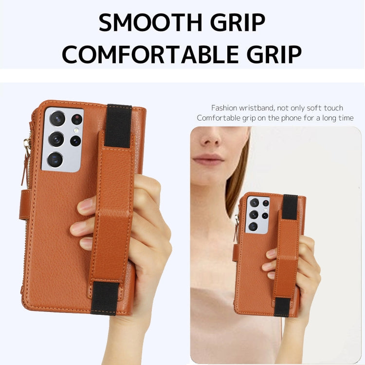 For Samsung Galaxy S21 Ultra 5G Wristband Holder Zipper Purse RFID Leather Phone Case