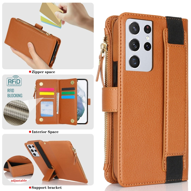 For Samsung Galaxy S21 Ultra 5G Wristband Holder Zipper Purse RFID Leather Phone Case