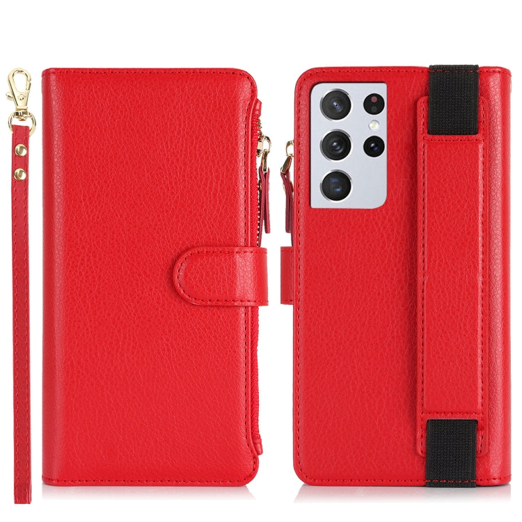 For Samsung Galaxy S21 Ultra 5G Wristband Holder Zipper Purse RFID Leather Phone Case