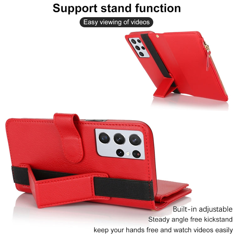 For Samsung Galaxy S21 Ultra 5G Wristband Holder Zipper Purse RFID Leather Phone Case