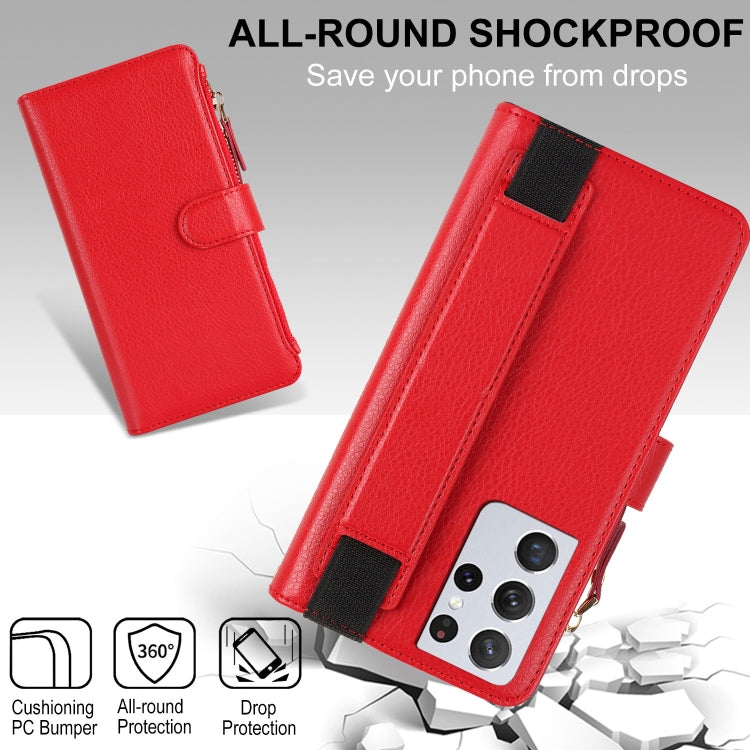 For Samsung Galaxy S21 Ultra 5G Wristband Holder Zipper Purse RFID Leather Phone Case
