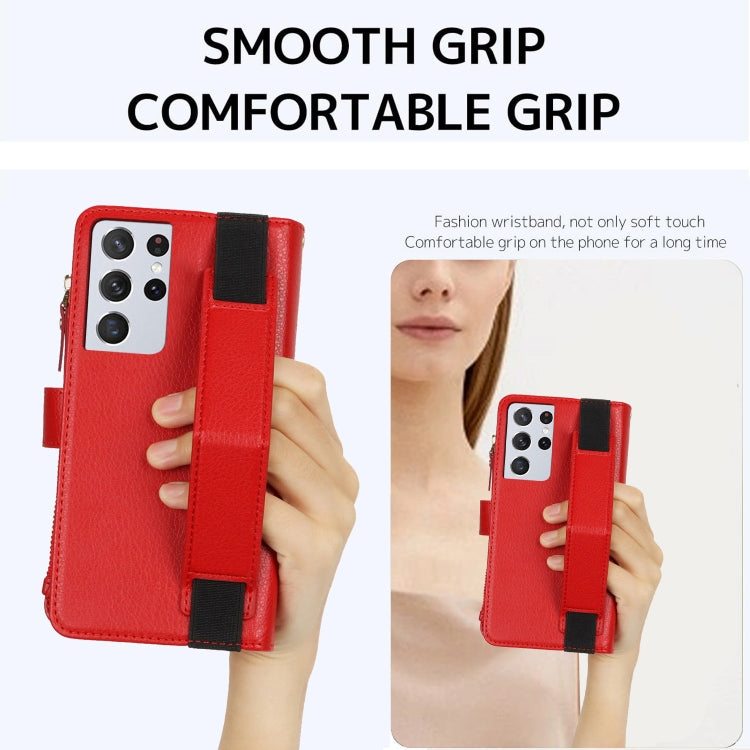 For Samsung Galaxy S21 Ultra 5G Wristband Holder Zipper Purse RFID Leather Phone Case