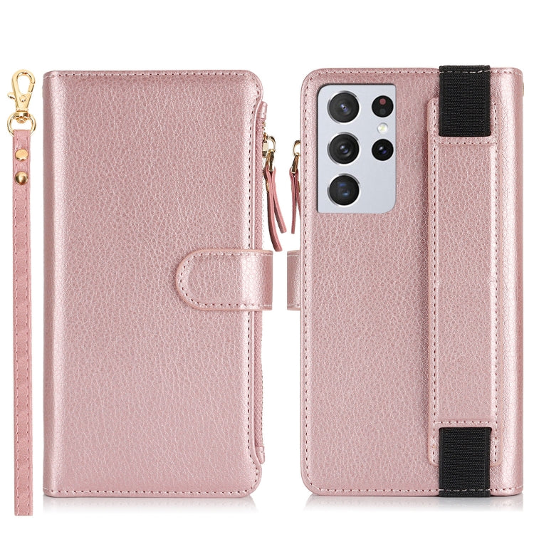 For Samsung Galaxy S21 Ultra 5G Wristband Holder Zipper Purse RFID Leather Phone Case