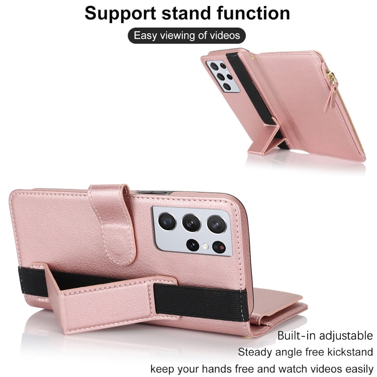For Samsung Galaxy S21 Ultra 5G Wristband Holder Zipper Purse RFID Leather Phone Case