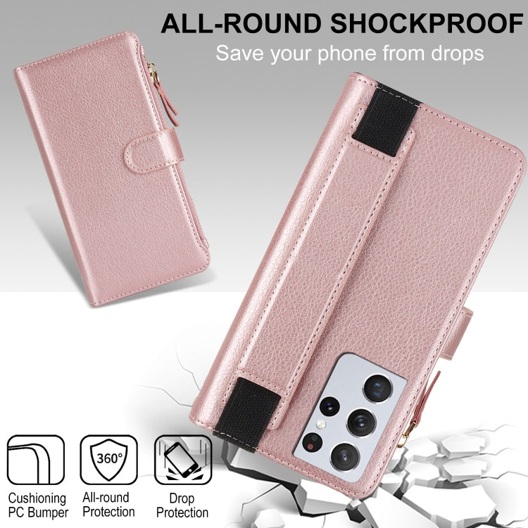 For Samsung Galaxy S21 Ultra 5G Wristband Holder Zipper Purse RFID Leather Phone Case