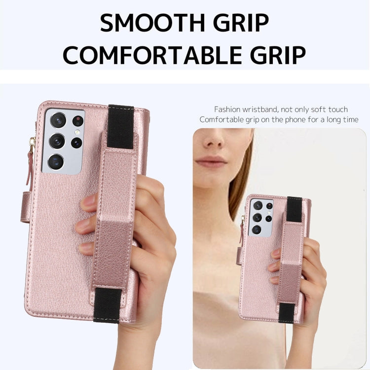 For Samsung Galaxy S21 Ultra 5G Wristband Holder Zipper Purse RFID Leather Phone Case