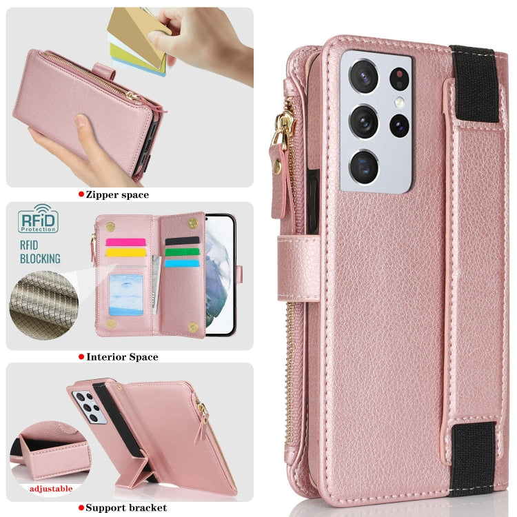 For Samsung Galaxy S21 Ultra 5G Wristband Holder Zipper Purse RFID Leather Phone Case