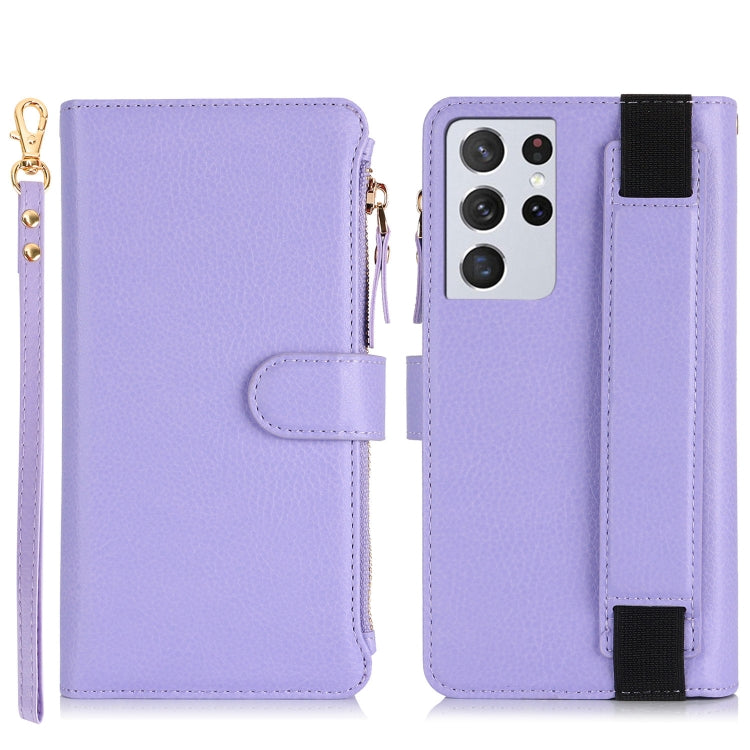 For Samsung Galaxy S21 Ultra 5G Wristband Holder Zipper Purse RFID Leather Phone Case