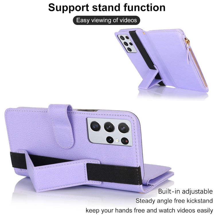 For Samsung Galaxy S21 Ultra 5G Wristband Holder Zipper Purse RFID Leather Phone Case