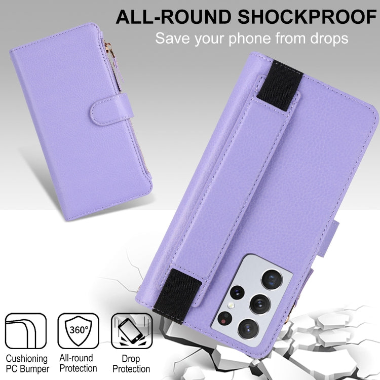 For Samsung Galaxy S21 Ultra 5G Wristband Holder Zipper Purse RFID Leather Phone Case