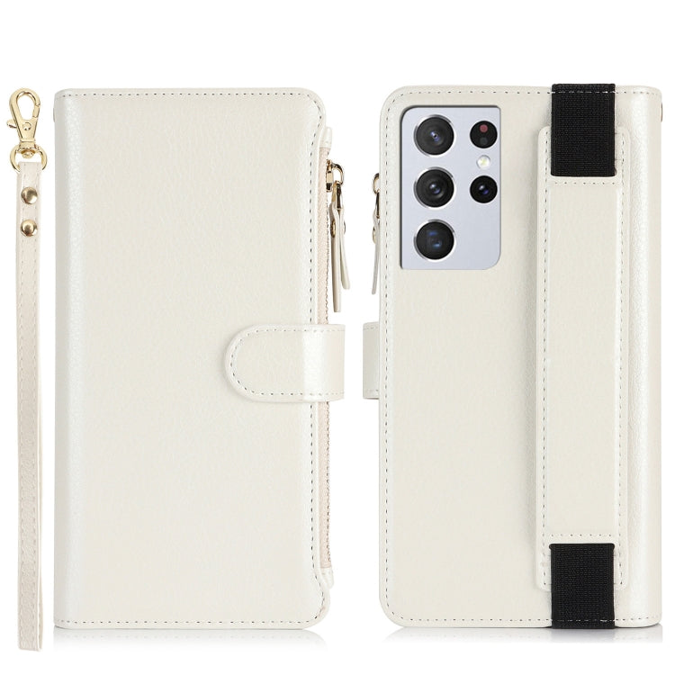 For Samsung Galaxy S21 Ultra 5G Wristband Holder Zipper Purse RFID Leather Phone Case